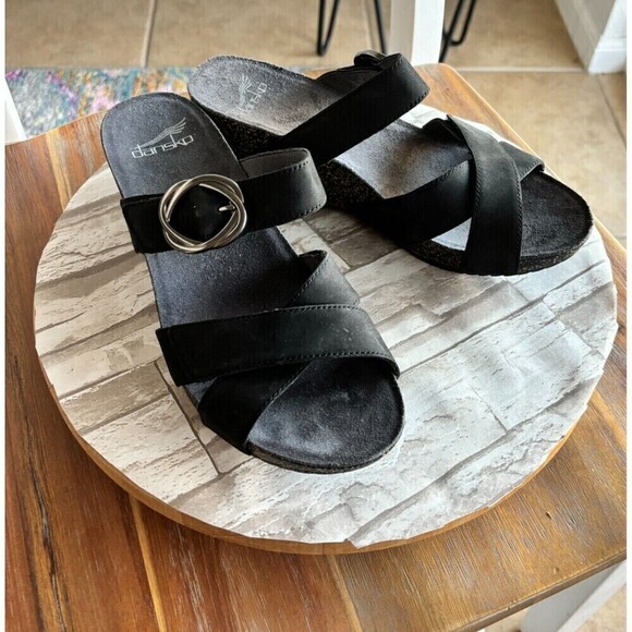 Dansko Leather Criss Cross Straps Wadge Sandals Black 39 Adjustable Straps - Picture 1 of 11